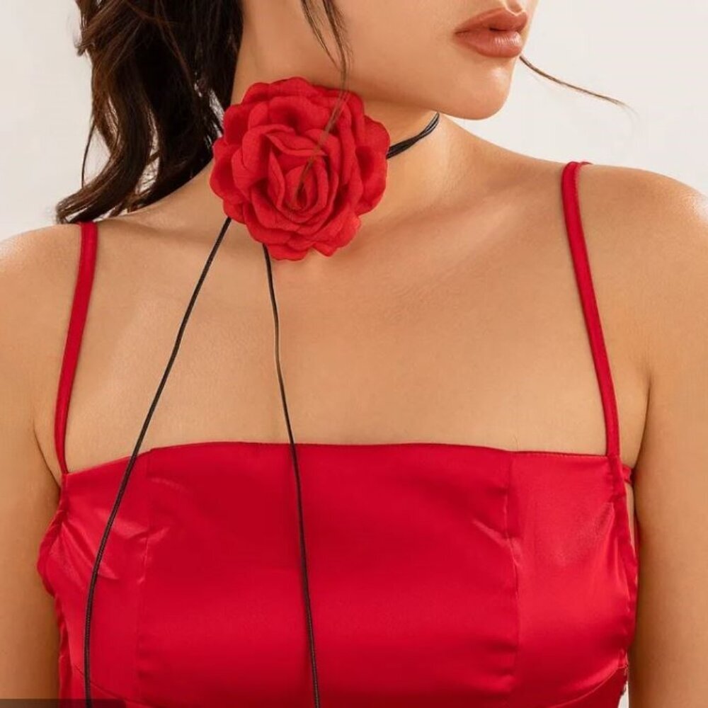 NEW Red and Black Fabric Flower French Choker Wrap Necklace
